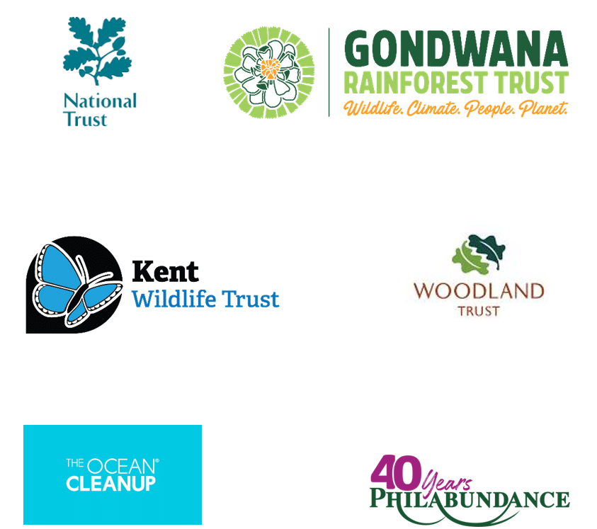 Logos of the National Trust, Gondwana Rainforest Trust, Kent Wildlife Trust, Woodland Trust, The Ocean Cleanup and Philabundance